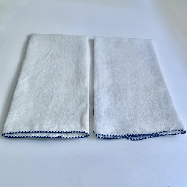 Vintage Pair Embroidered Blue & White Linen "Griffin" Hand Towels For Sale - Image 11 of 12