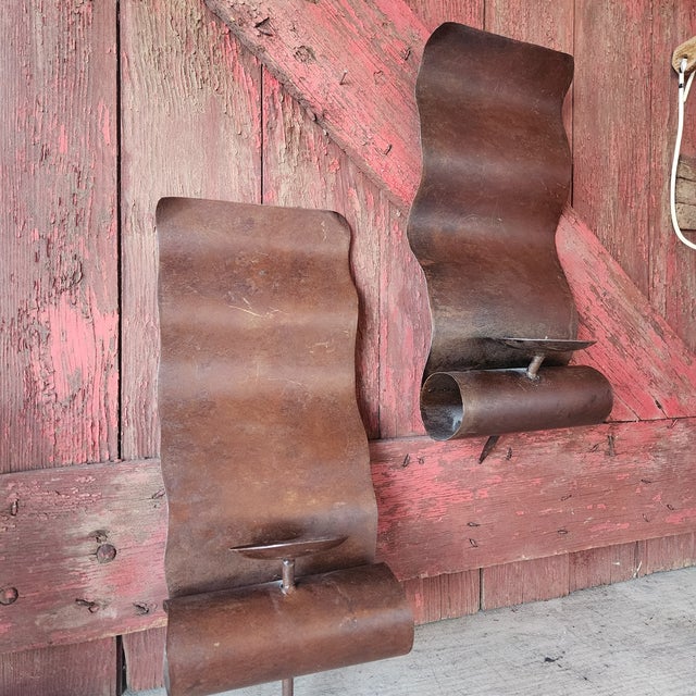 Rustic 1970s Pair of Vintage Mexican Metal Wall Candle Sconces – 16"x8" Rustic Scroll Design - Rare For Sale - Image 3 of 14