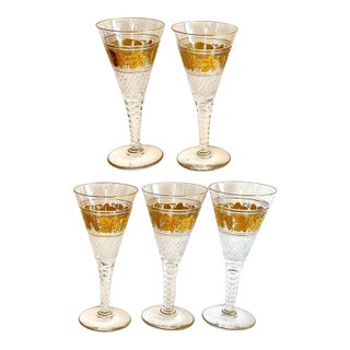 1960s Set Belgian Val St. Lambert Gilt Cut Crystal Westminster Glasses [6.75 Inch] (5 Pieces) For Sale