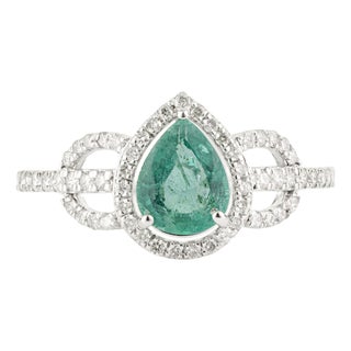 Art Deco Pear Emerald & Diamond Halo Engagement Ring in 14k White Gold Size 5.5 For Sale