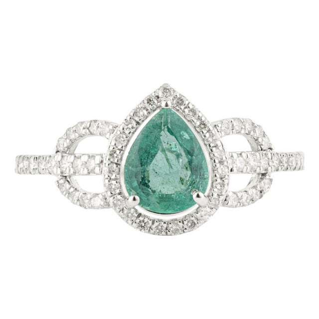 Art Deco Pear Emerald & Diamond Halo Engagement Ring in 14k White Gold Size 5.5 For Sale