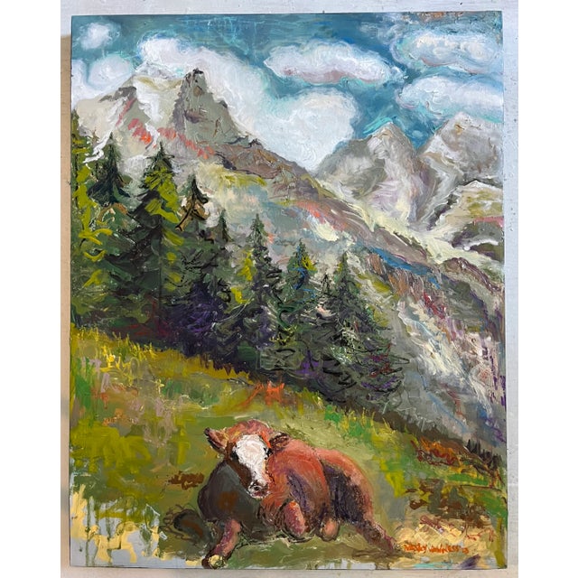 Wood "Cow in the Swiss Alps", Original Oil Painting, by Van Ness For Sale - Image 7 of 9