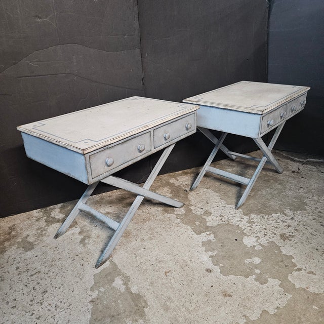 Mid 20th Century Mid 20th Century Pair of Blue Painted Single Drawer X Frame Side Tables With Blue Accent Line on Top For Sale - Image 5 of 15