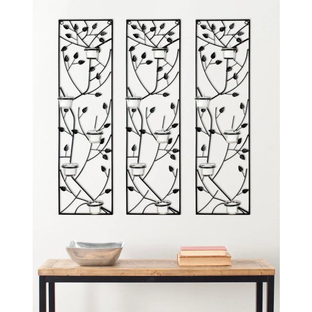 Modern Tea Light Climbing Leaves Set Of 3 Wall Decor in Black Powder Coated For Sale - Image 3 of 4