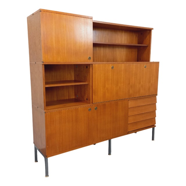 Vintage Modernist Bookcase and Secretary Storage Unit in Teak and Metal by Louis Paolozzi for Monopoly, 1960s For Sale