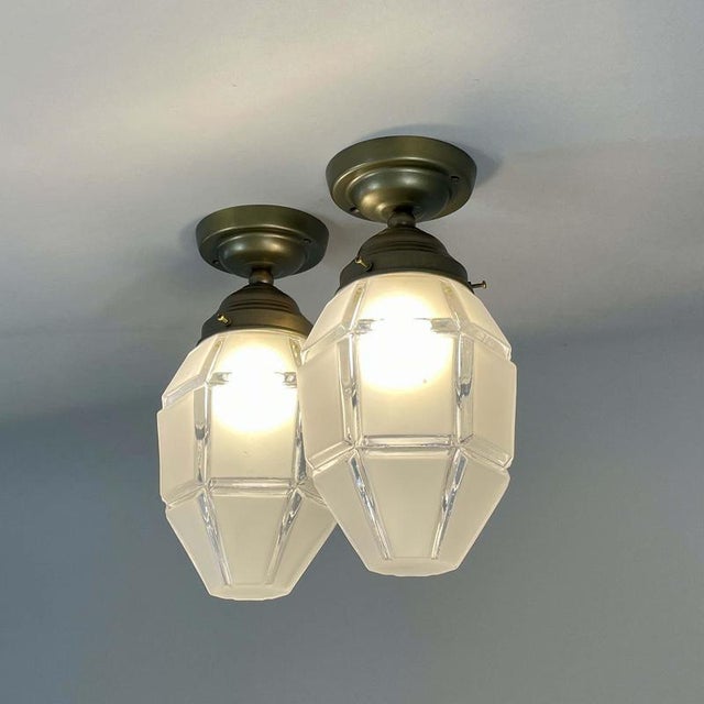 Art Deco Frosted Glass and Burnished Brass Flush Mounts, Austria, 1920s, Set of 2 For Sale - Image 6 of 16