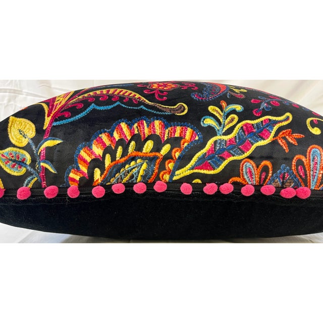 20" Square Decorative Throw Pillow With a Modern Paisley Floral Pattern in Bright Pinks, Yellows & Blues Framed by Bright Pink Pom-Poms For Sale - Image 9 of 11