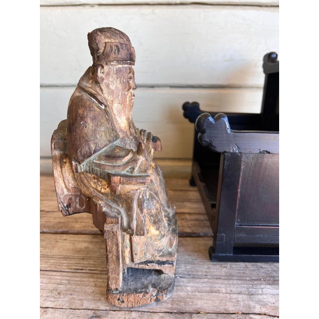 Wood Fine 19th Century Polychrome Painted Carved Chinese Immortal Deity in the Large Wood Throne For Sale - Image 7 of 12