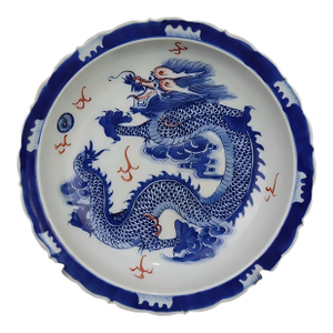 Chinese Vintage Ceramic Plate,Qing Dynasty Kangxi Marked Blue and White Underglaze Red Porcelain Plate Hand Painted Dragon Pattern