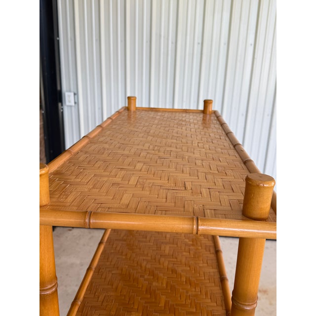 Vintage Boho Faux Bamboo Style Tiered Shelf With Rattan Parquetry Weave For Sale In Naples, FL - Image 6 of 12