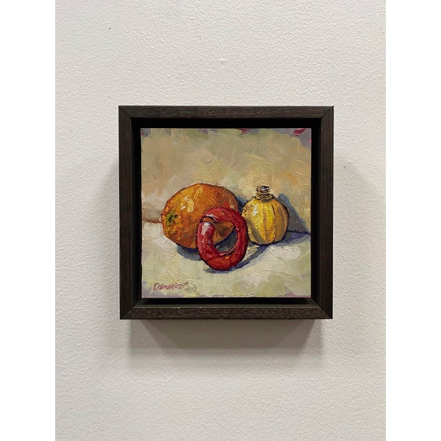 Analagous Orange, Lime Juice, & Madrid Can Wring by Delton Demarest | Oil on board Still life of an orange, lime, and a decorative can. For Sale - Image 4 of 4
