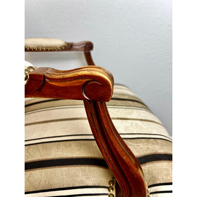 Wood Late 19th Century Pair of Restored Louis XV–Style Walnut Fauteuil Armchairs in Ivory/Taupe/Black/White Stripe For Sale - Image 7 of 17