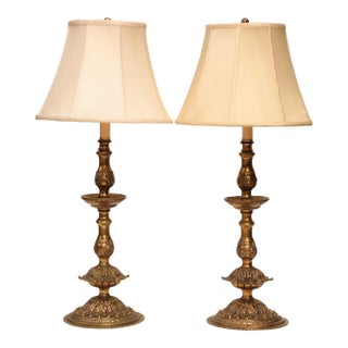 French Doré Bronze Style Candlestick Lamps - a Pair For Sale