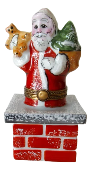 Limoges, France, Hand-Painted Porcelain Santa Claus in Chimney Collector's Lidded Trinket Box