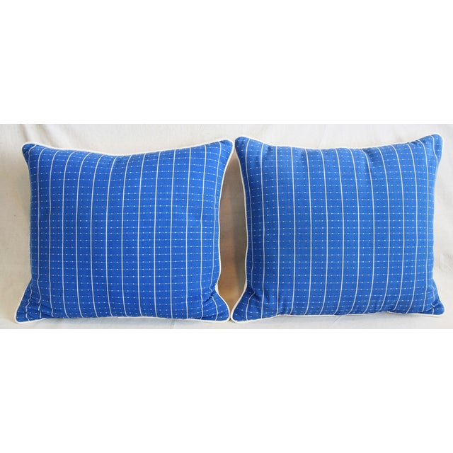 Pair of large custom-tailored pillows in woven nautical blue and white cotton fabric. Oyster white Belgian linen fabric...