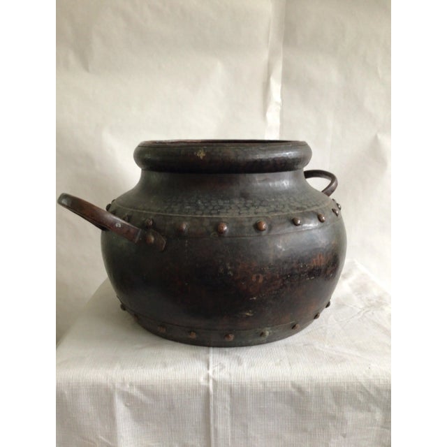Mid-Century Modern 1940s Hand Hammered Studded Patinated Copper Pot With Handles For Sale - Image 3 of 9