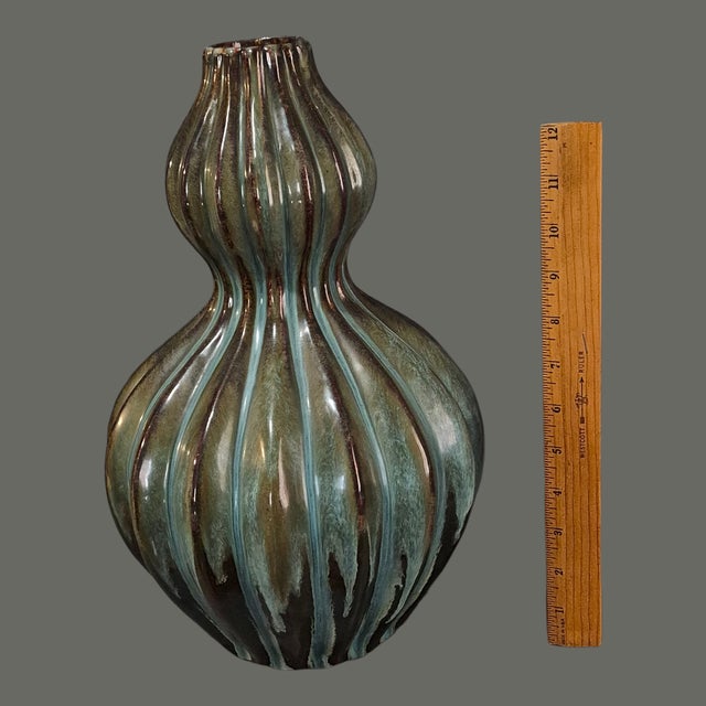 Vintage Mid-Century-Modern Glazed Pottery Double Gourd Ribbed Multicolor Earth Tone Vase For Sale - Image 4 of 7