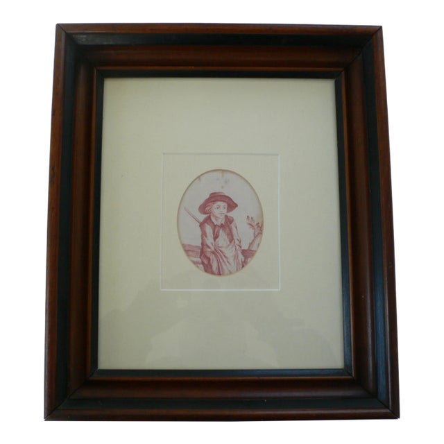 Antique Toile Fabric Remnant With Mahogany Frame For Sale