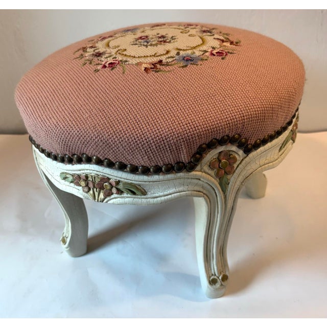 French Provincial Vintage French Provincial Pink Needlepoint Footstool For Sale - Image 3 of 11