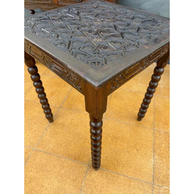 Baroque Spanish Barley Twist Side Table with Geometric Carved Top, 1930s For Sale - Image 3 of 11