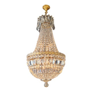 Antique French Empire Crystal Basket Chandelier Brass and Cut Crystal Closed For Sale