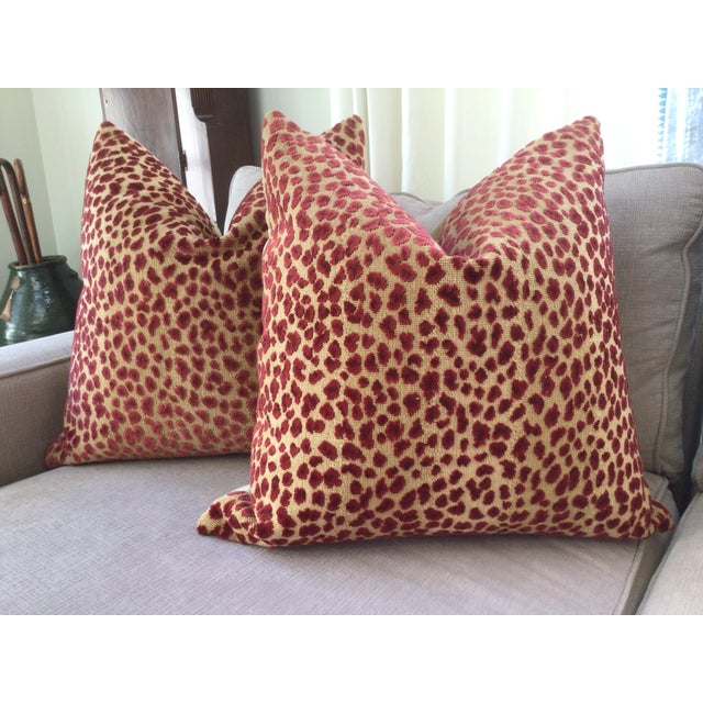 Cowtan and Tout “Ocelot” in Red and Tan Plush Pillows - a Pair For Sale - Image 4 of 5