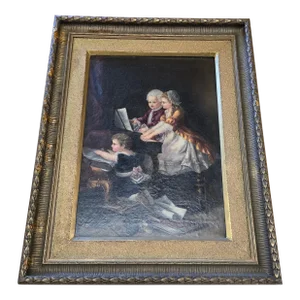 Late 19th Century Antique Large Signed Painting Young Musicians