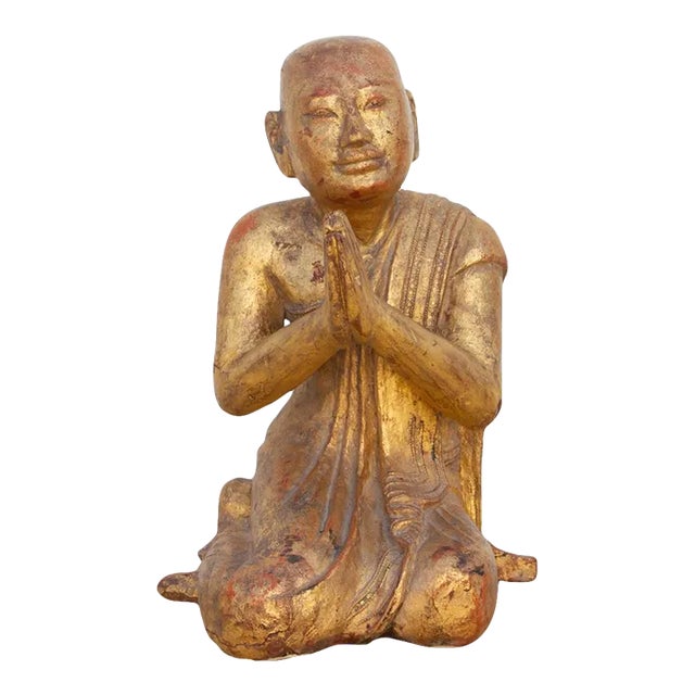 Elegant Burmese Gilded Praying Monk For Sale