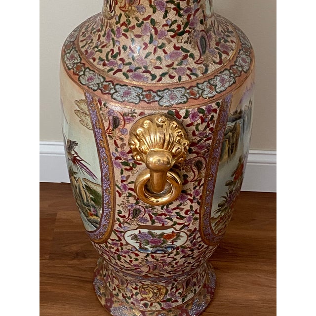 Pink Vintage Chinoiserie Ceramic Painted Floor Vase With Gilt Handles For Sale - Image 8 of 11