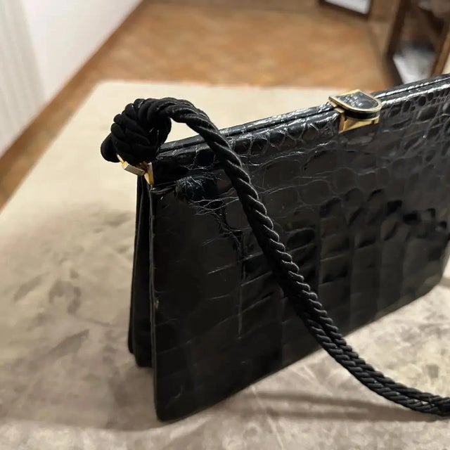 Metal 1970s High Quality Black Leather and Rope Italian Cross Body Bag For Sale - Image 7 of 13