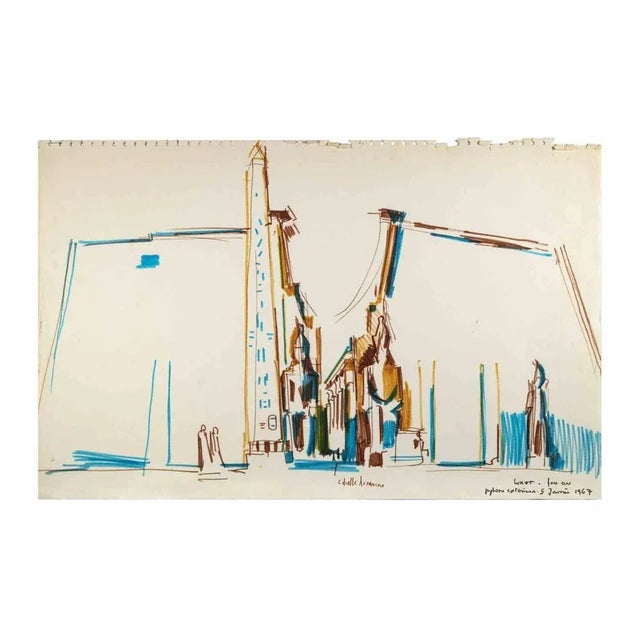 Luxor is a Color Markers Drawing realized by Reynold Arnould (Le Havre 1919 - Parigi 1980). Good condition on a sheet of a...