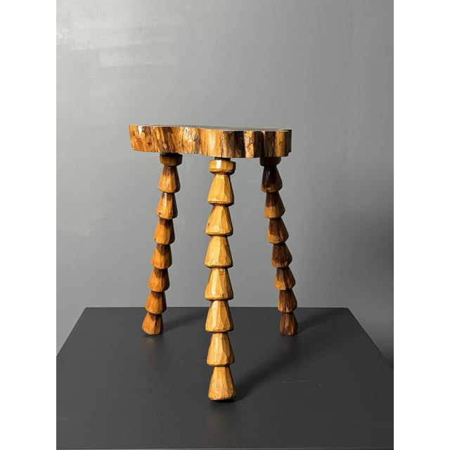 1970s Mid-Century Brutalist French Artisanal Handmade Wood Turned Tripod Stool, 1960s For Sale - Image 5 of 17