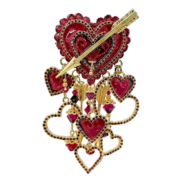 Vintage Lunch at the Ritz Wild Heart Brooch Dangling Enamel Statement Pin For Sale