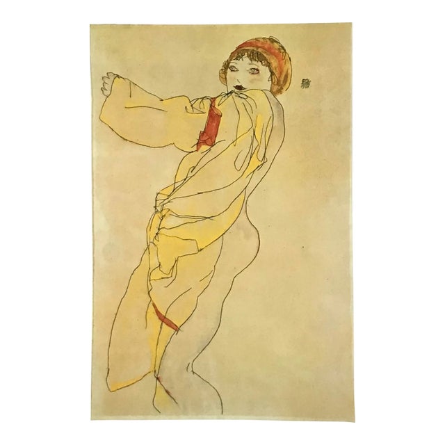 1981 Schiele 18 Erotic Drawing Woman Yellow Dress Orange Hair Band For Sale