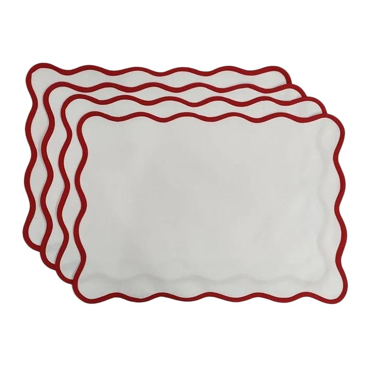 Handmade Scalloped Placemats, White with Red Piping Set of 4 Chairish