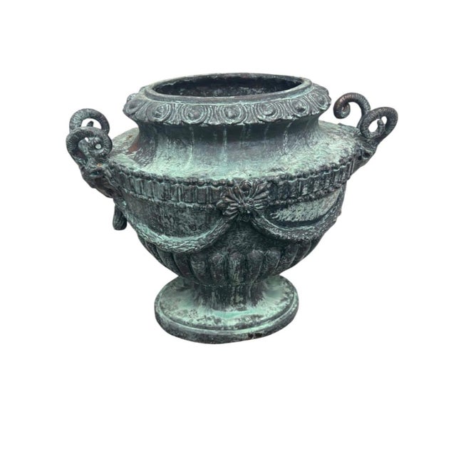 2000 - 2009 Neoclassical Classical Style Cast Iron Garden Urn With Ram's Head Handles For Sale - Image 5 of 11