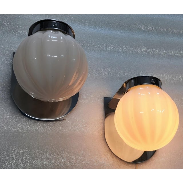 Vintage Art Deco Light Old Lamp Wall Sconces Fixture Brass & Ribbed Milk Glass Shade Ship Light Lamp - Pair For Sale - Image 4 of 5