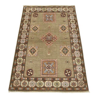 Kazak Rug 3’2” X 4’11” Gray Wool Tribal Hand-Knotted Oriental Carpet For Sale