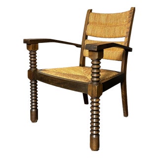 Brutalist Turned Oak and Rush Armchair in the style of Charles Dudouyt, France, 1950s For Sale