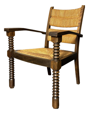 Brutalist Turned Oak and Rush Armchair in the style of Charles Dudouyt, France, 1950s
