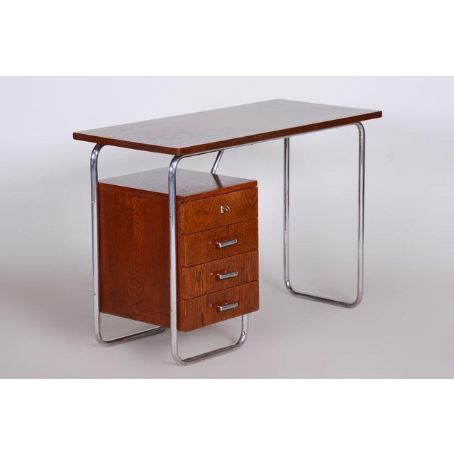 Metal Bauhaus Writing Desk in Oak and Chrome by R. Slezák, Czech, 1930s For Sale - Image 7 of 14
