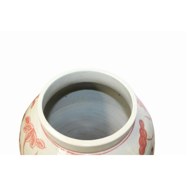 1990s Pink Orange Off White Flowers Fishes Graphic Round Ceramic Jar For Sale - Image 5 of 7
