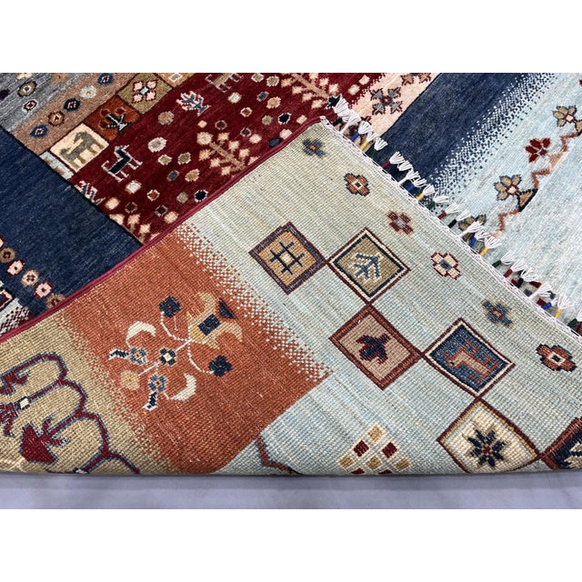 Blue & Rust Afghan Sultani Pictorial Wool Rug, Natural Dye Khorjin Tribal Design, 6′5″ × 9′7″ For Sale - Image 12 of 12