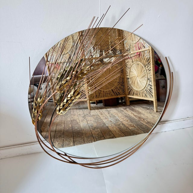 Curtis Jere Mirror Wheat Sheaf Round Mid Century Modern Metal Wall Art Signed For Sale - Image 6 of 12