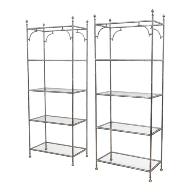 1970s Regency Style Chrome & Brass Faux Bamboo Etageres Shelves Bookcases - Pair For Sale