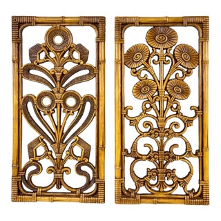 Vintage Coastal Faux Rattan Floral Sculptural Wall Hanging Panels – A Pair For Sale