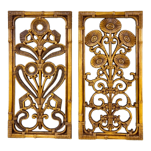 Vintage Coastal Faux Rattan Floral Sculptural Wall Hanging Panels – A Pair