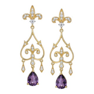 Fleur De Lis Chandelier Earrings Studs With Amethyst in Silver, Gold, A Pair For Sale