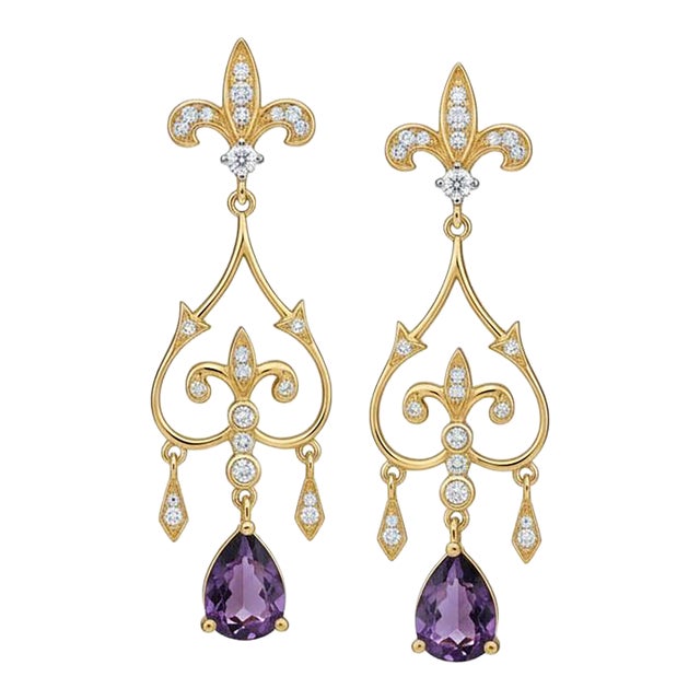 Fleur De Lis Chandelier Earrings Studs With Amethyst in Silver, Gold, A Pair For Sale