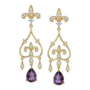 Fleur De Lis Chandelier Earrings Studs With Amethyst in Silver, Gold, A Pair
